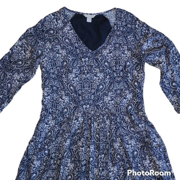 Garnet Hill Dress Sz 4 Blue White Pleated Lagenlook Paisley Floral Drape Pockets - Picture 3 of 9